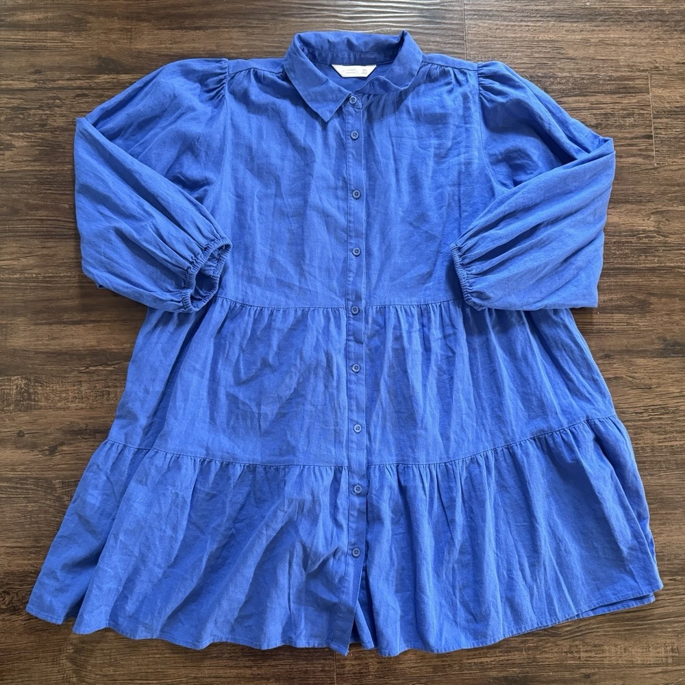 LC Lauren Conrad XXL Blue Linen Blend Tiered Babydoll Mini Dress Puff Sleeve